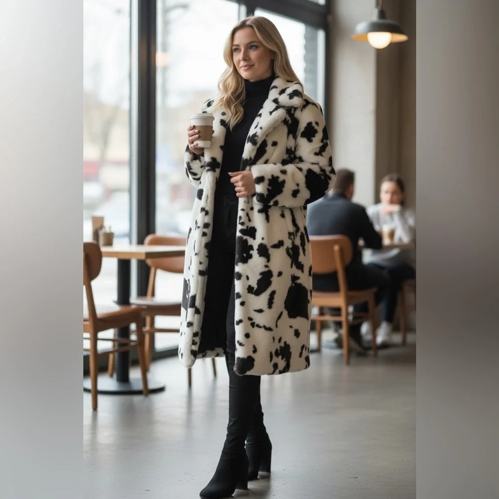 NWT Cow Print Faux Fur Coat Brown White Dalmatian Pattern Fluffy Winter Jacket